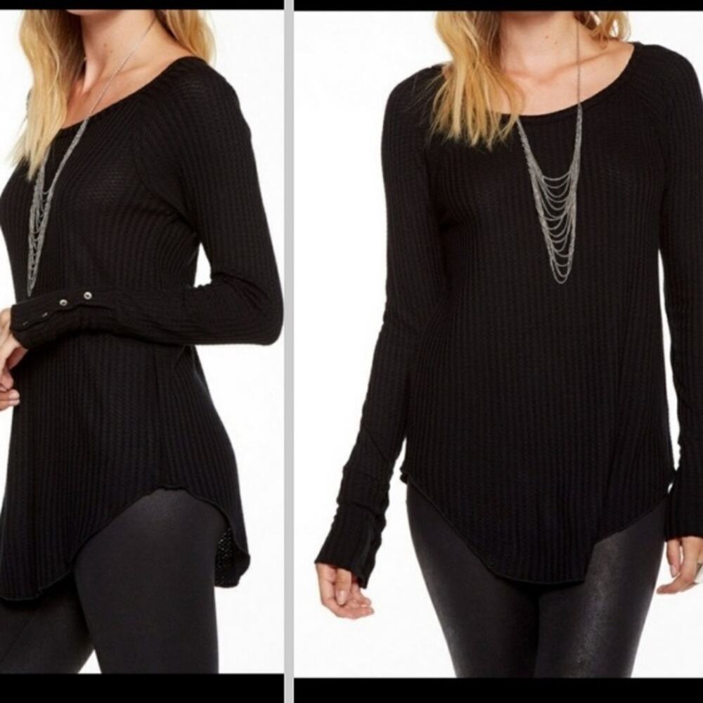 Chaser black waffle knit long sleeve top large sweater